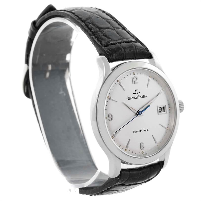 The Jaeger LeCoultre Master 140.8.89 Men
s Steel and Gold (two tone) Silver Dial 140.8.89 Men
s Steel and Gold (two tone) Silver Dial model watch is shown at an angled view displaying its face and black leather strap.