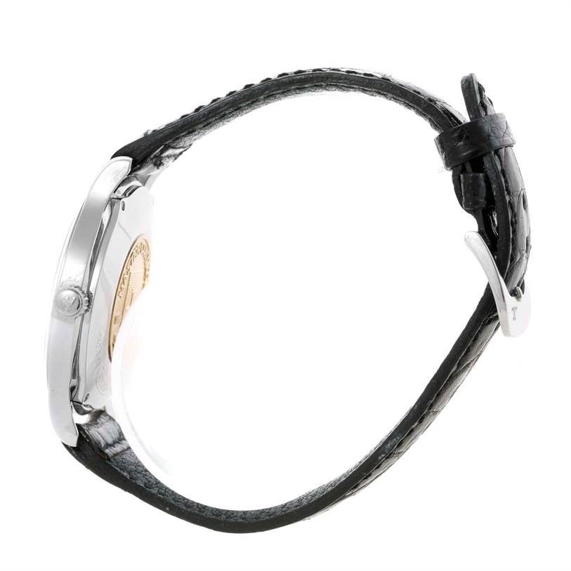 The image shows a side view of a Jaeger LeCoultre Master 140.8.89 Men
s Steel and Gold (two tone) Silver Dial 140.8.89 Men
s Steel and Gold (two tone) Silver Dial watch, highlighting the case and leather strap with a visible buckle.