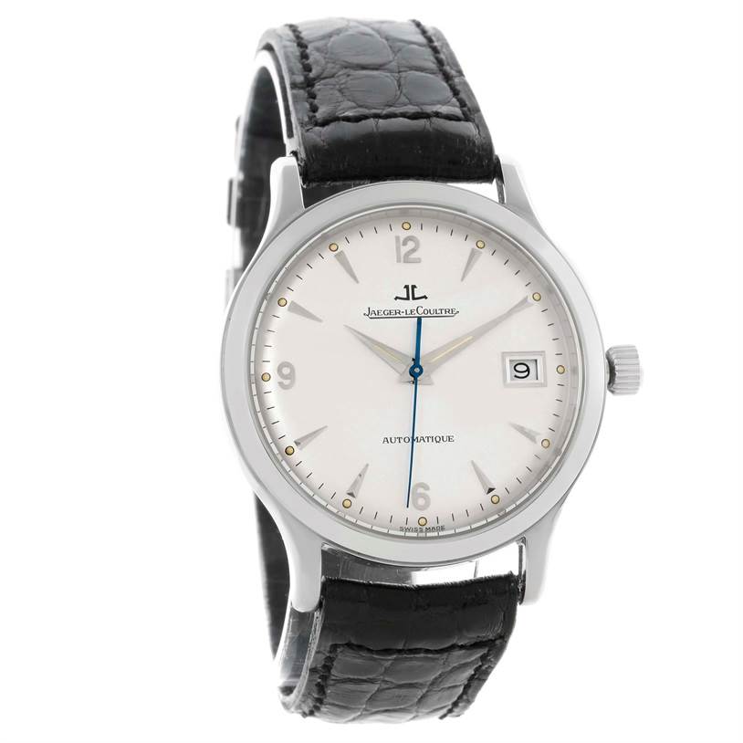 The image shows a front view of a Jaeger-LeCoultre Master model watch with its dial, hands, date window, and black leather strap.