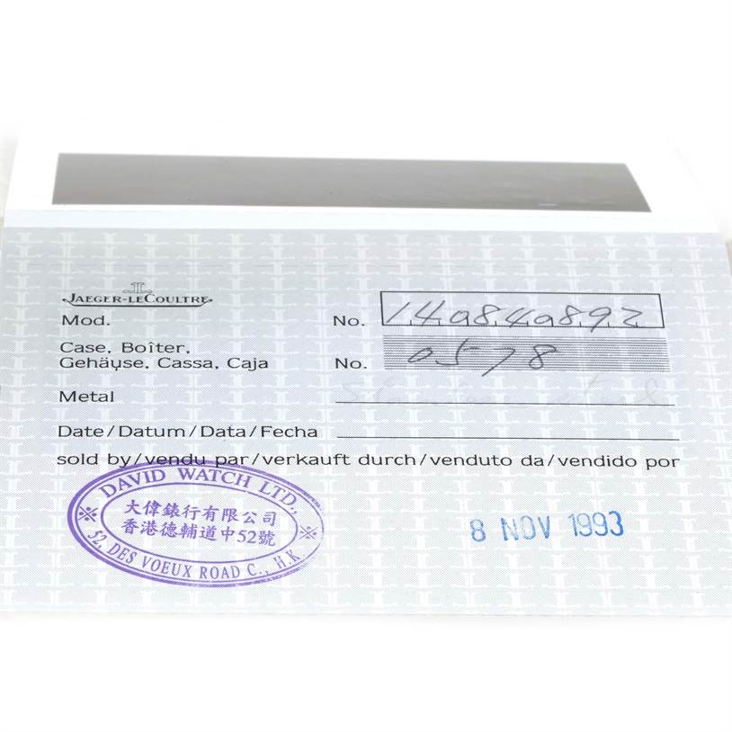 The image shows a Jaeger LeCoultre Master 140.8.89 Men
s Steel and Gold (two tone) Silver Dial 140.8.89 Men
s Steel and Gold (two tone) Silver Dial model watch warranty card dated 8 Nov 1993.