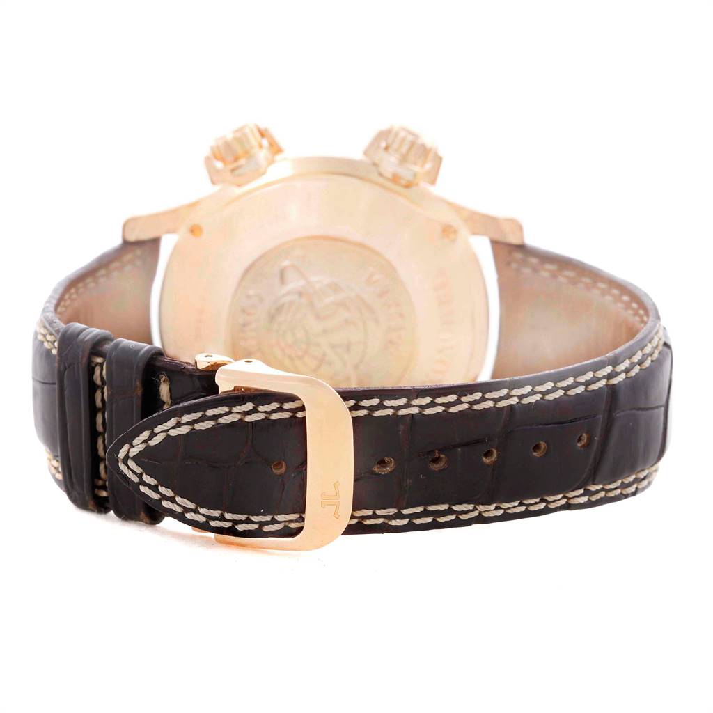 The image shows the back angle of the Jaeger-LeCoultre Master model watch, highlighting the clasp and strap.
