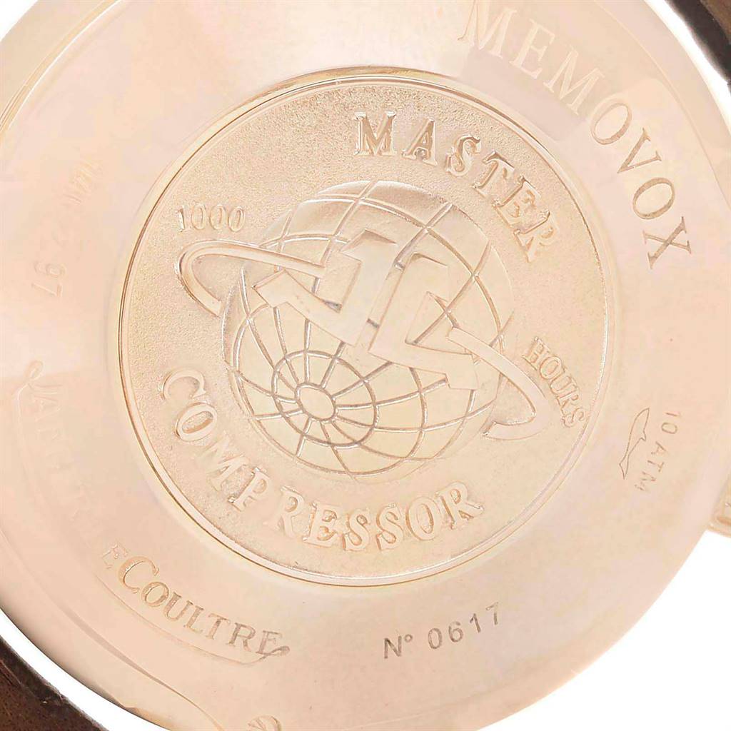 This image shows the back case of a Jaeger-LeCoultre Master Memovox watch, highlighting the engraved details and markings.