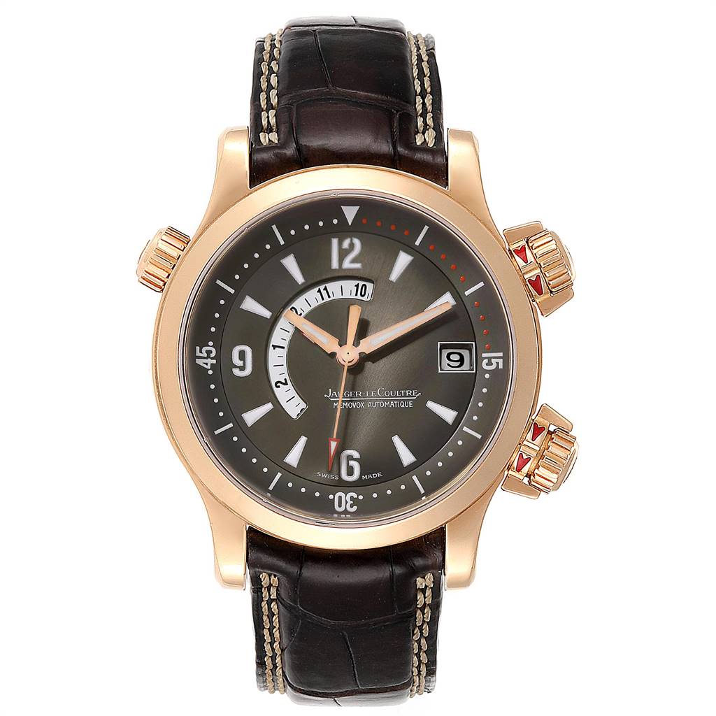 The image shows a front angle of the Jaeger LeCoultre Master Q1702440 Men's Rose Gold Black Dial Q1702440 Men's Rose Gold Black Dial watch with its dial, hands, crown, and leather strap visible.