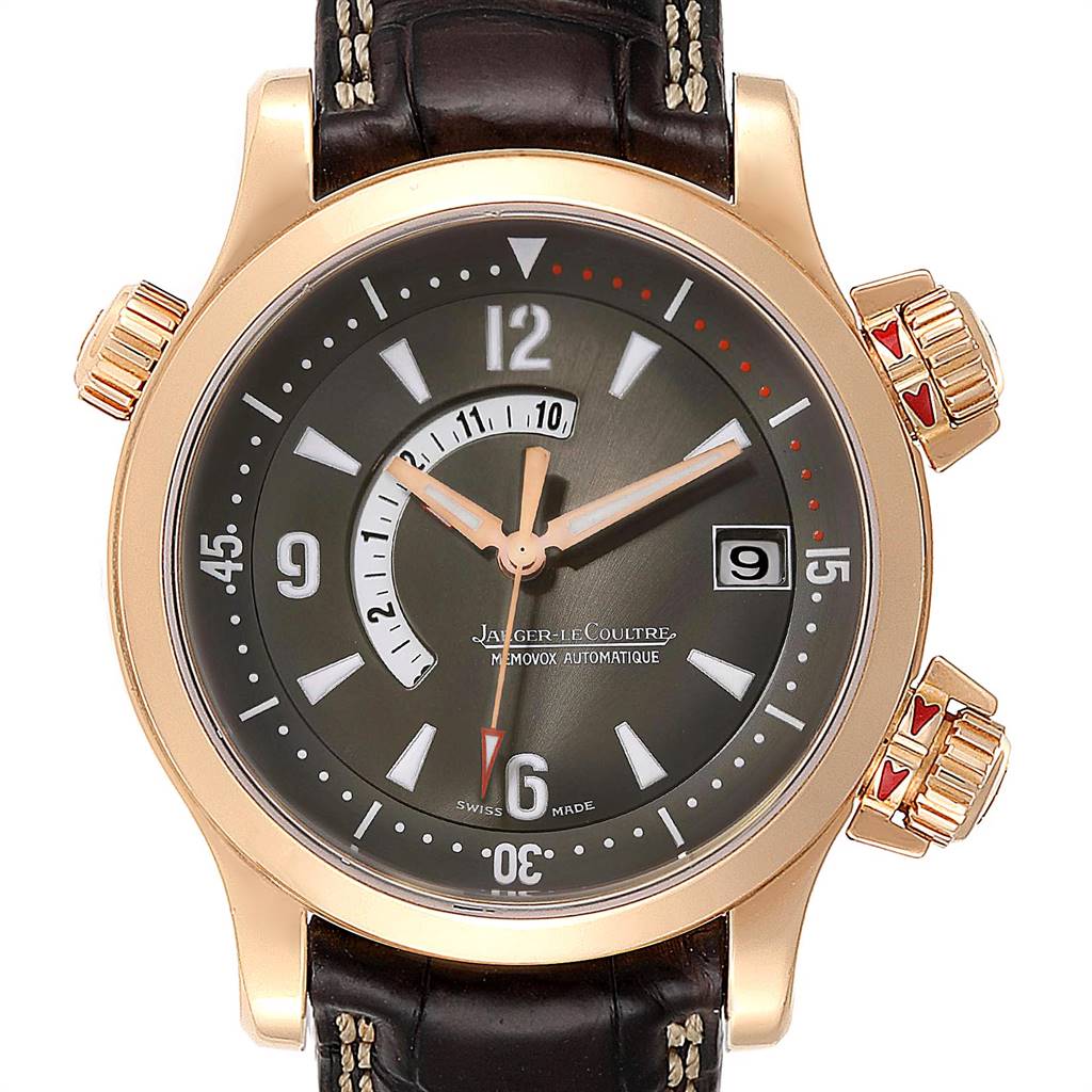 The image shows a front view of the Jaeger LeCoultre Master Q1702440 Men's Rose Gold Black Dial Q1702440 Men's Rose Gold Black Dial model watch, highlighting the dial, hands, and crown.