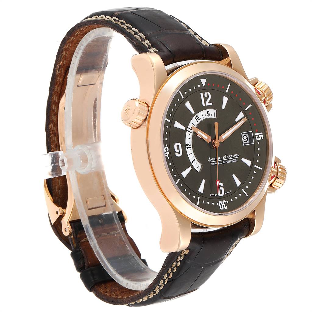 The Jaeger LeCoultre Master Q1702440 Men's Rose Gold Black Dial Q1702440 Men's Rose Gold Black Dial model watch is shown at a slight side angle, displaying the face, crown, and black leather strap.