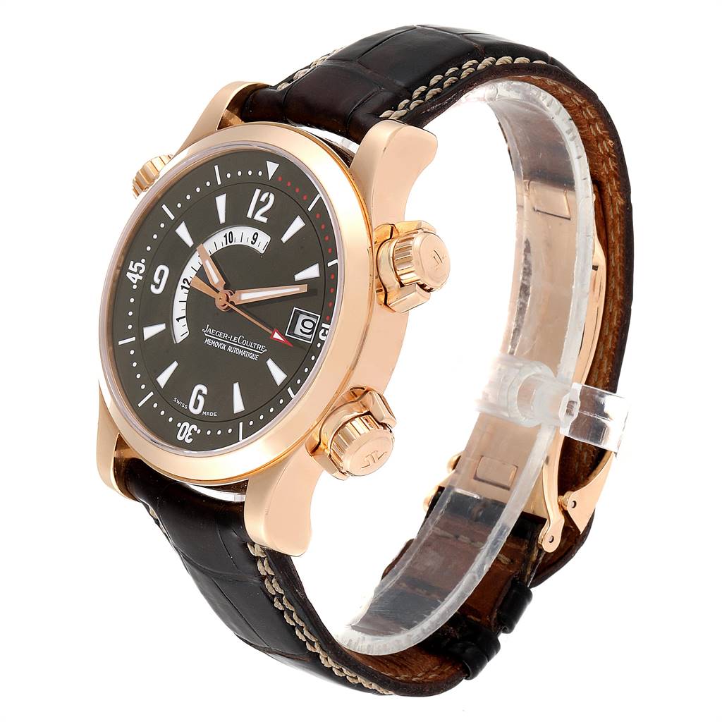 This image shows a side angle of the Jaeger-LeCoultre Master watch, highlighting the dial, bezel, crown, and leather strap.