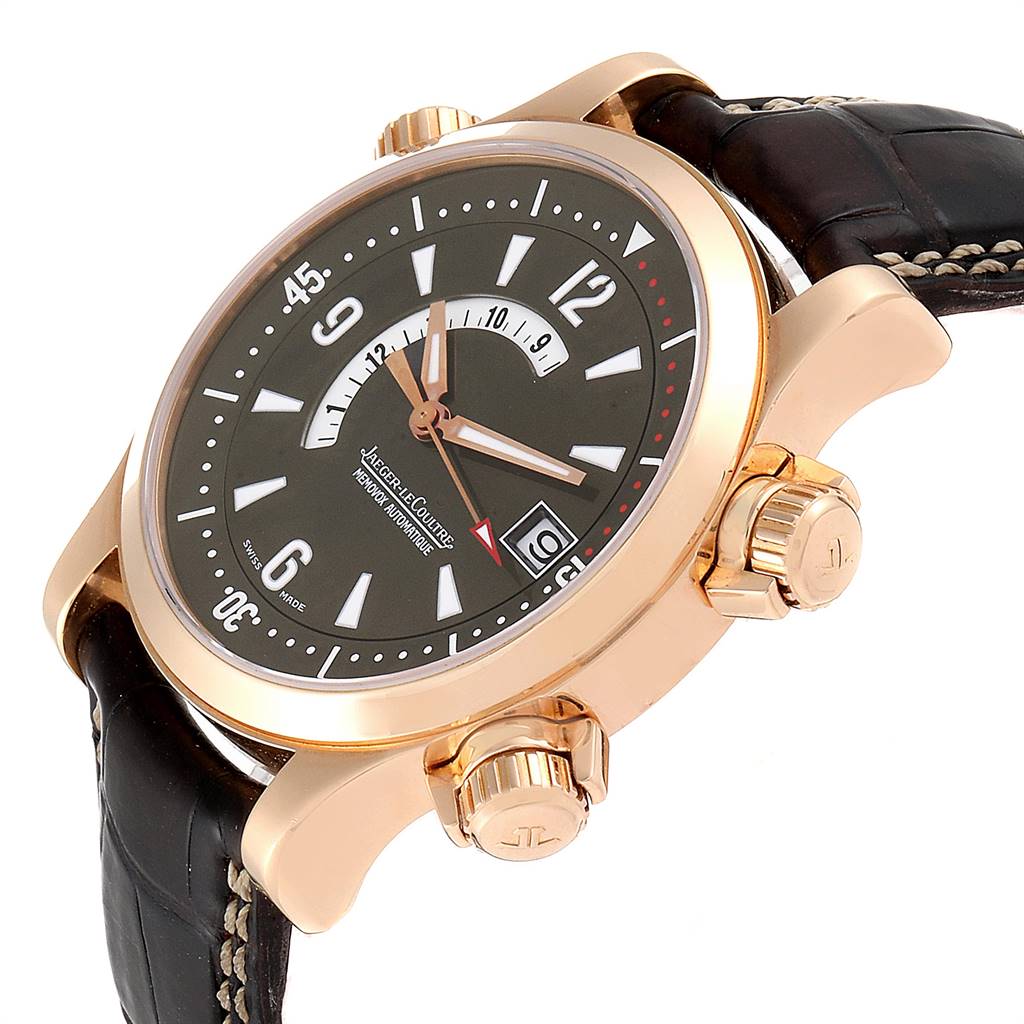 The Jaeger-LeCoultre Master model watch is shown at a slight angle, displaying its dial, crown, and strap with visible stitching.