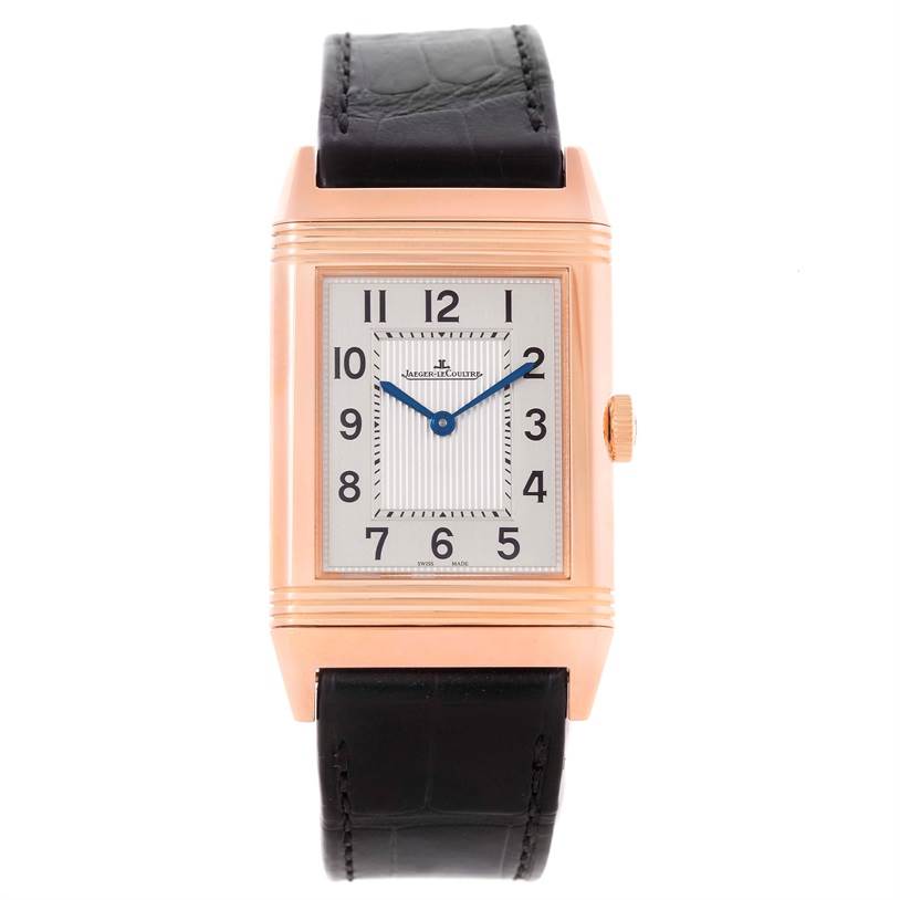 This image shows a Jaeger-LeCoultre Reverso watch from a front angle, displaying the face, case, and leather strap.