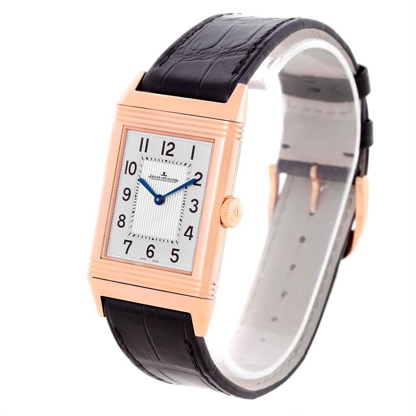 The image shows a front angle view of a Jaeger LeCoultre Reverso Q2782520 Men's Rose Gold Silver Dial Q2782520 Men's Rose Gold Silver Dial watch, displaying its face and black leather strap.
