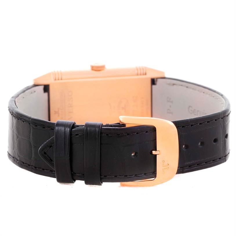 The image shows the back view of a Jaeger LeCoultre Reverso Q2782520 Men's Rose Gold Silver Dial Q2782520 Men's Rose Gold Silver Dial watch, focusing on the leather strap and buckle.