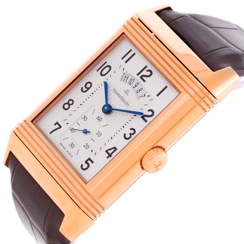 The image shows a close-up of the dial and crown of a Jaeger LeCoultre Reverso Q3742421 Men's Rose Gold Silver Dial Q3742421 Men's Rose Gold Silver Dial watch at an oblique angle.