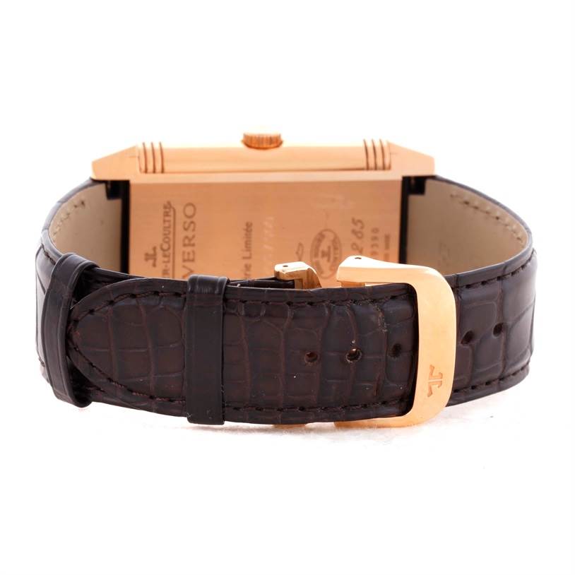This image shows the Reverso model by Jaeger LeCoultre from the side, highlighting the leather strap and buckle.