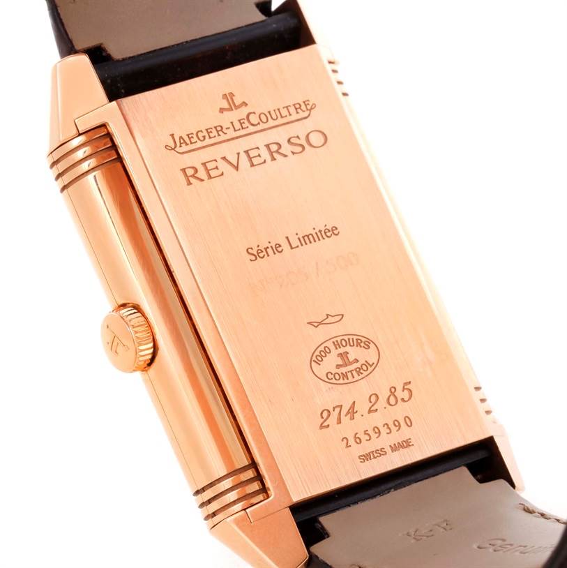 The image shows the back of the Jaeger LeCoultre Reverso Q3742421 Men's Rose Gold Silver Dial Q3742421 Men's Rose Gold Silver Dial watch, displaying inscription details and the crown.
