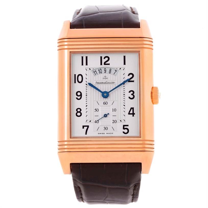 This Jaeger LeCoultre Reverso Q3742421 Men's Rose Gold Silver Dial Q3742421 Men's Rose Gold Silver Dial watch is shown from the front, displaying the face, bezel, crown, and leather strap.