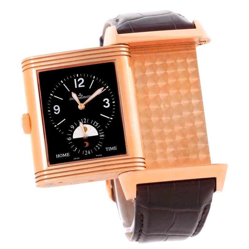 The image shows the Jaeger-LeCoultre Reverso watch, highlighting its reversible case with one side flipped to display the decorative back.