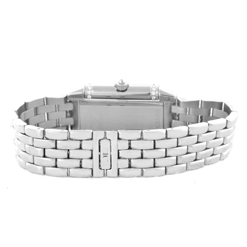 The image shows a rear view of the Jaeger LeCoultre Reverso 265.8.08 Women's Stainless Steel Silver Dial 265.8.08 Women's Stainless Steel Silver Dial watch, focusing on the stainless steel bracelet and clasp.
