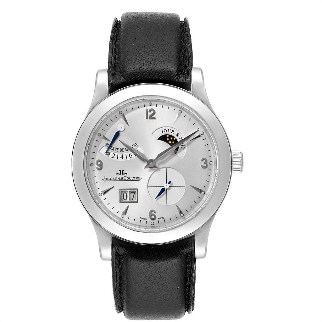 The Jaeger-LeCoultre Master model watch is shown from a front angle, displaying its dial, hands, sub-dials, and black leather strap.