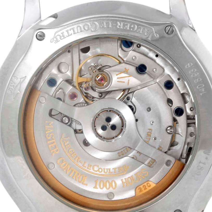 The image shows the movement and inner workings of the Jaeger-LeCoultre Master Control 1000 Hours model viewed from the case back.
