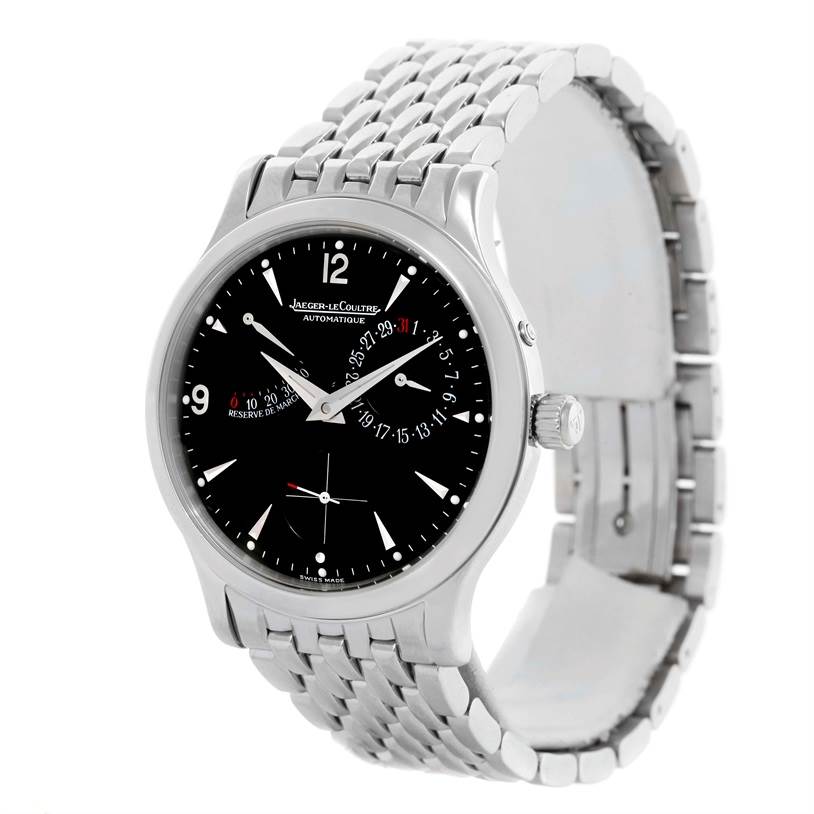 The Jaeger LeCoultre Master 140.8.93.S Men's Stainless Steel Black Dial 140.8.93.S Men's Stainless Steel Black Dial watch is shown at a three-quarter angle, displaying its face and metal bracelet.