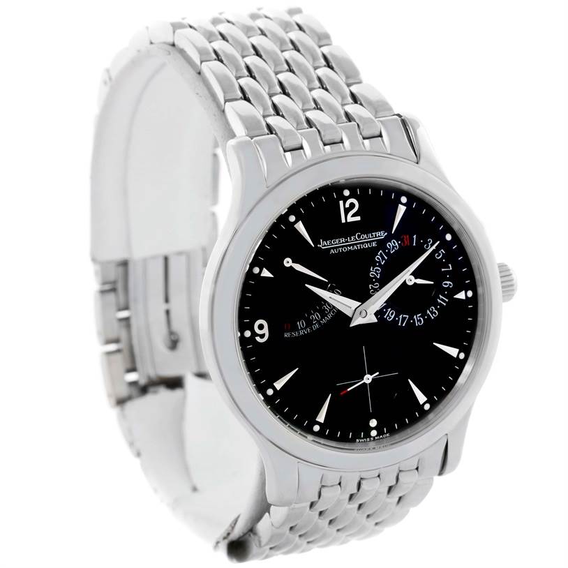 The Jaeger LeCoultre Master 140.8.93.S Men's Stainless Steel Black Dial 140.8.93.S Men's Stainless Steel Black Dial watch is shown at a three-quarter angle, highlighting the face and metal band.