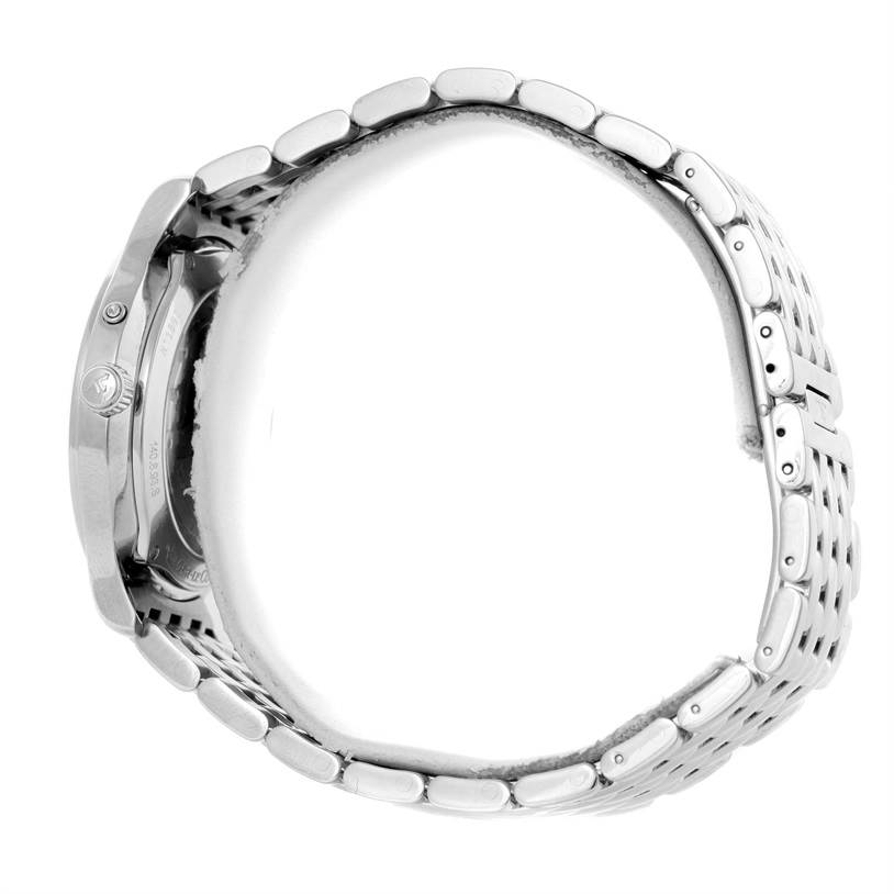 This is a side view of the Jaeger LeCoultre Master 140.8.93.S Men's Stainless Steel Black Dial 140.8.93.S Men's Stainless Steel Black Dial model watch showing the bracelet and case.