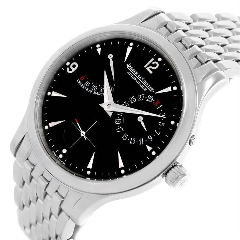 The Jaeger LeCoultre Master 140.8.93.S Men's Stainless Steel Black Dial 140.8.93.S Men's Stainless Steel Black Dial model watch is shown at a front angle, displaying its dial, bezel, and part of its bracelet.