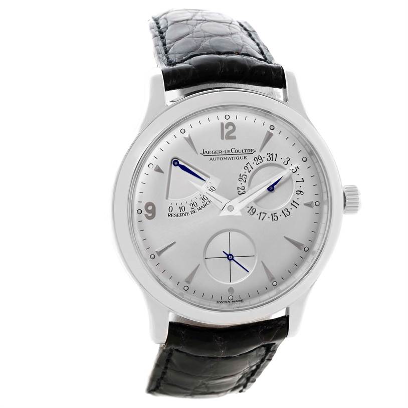 The image shows a front view of a Jaeger-LeCoultre Master model watch with a black leather strap and multiple sub-dials.