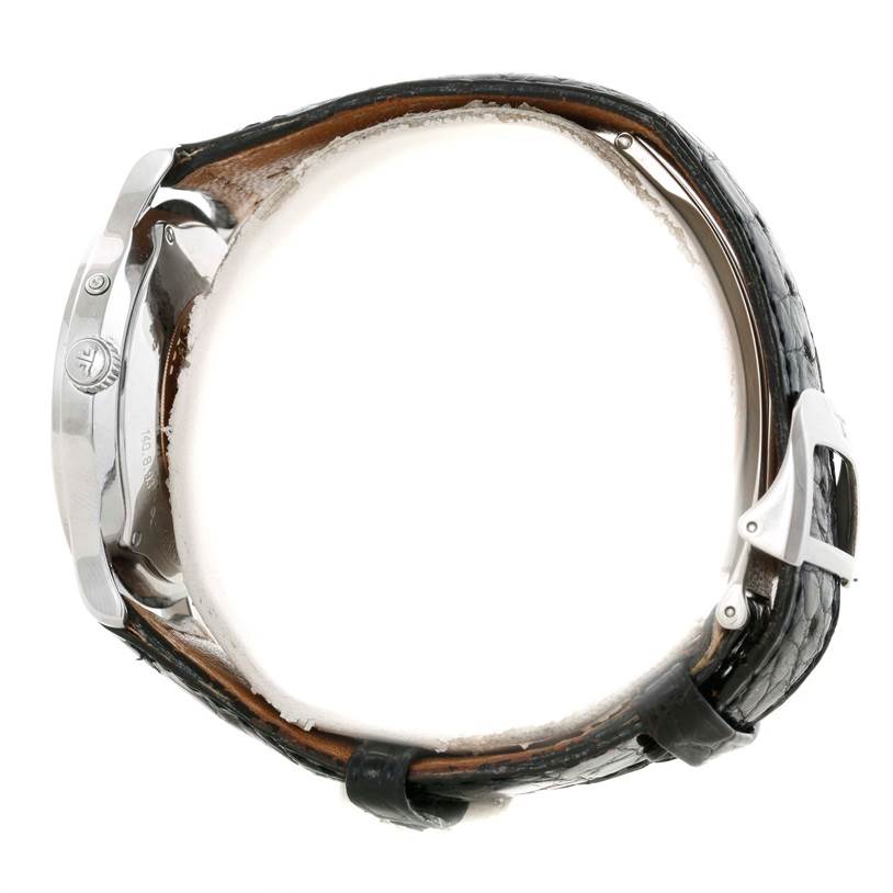 The image shows the side profile of the Jaeger LeCoultre Master 140.8.93.S Men's Stainless Steel Silver Dial 140.8.93.S Men's Stainless Steel Silver Dial model watch, focusing on the case, crown, and strap.