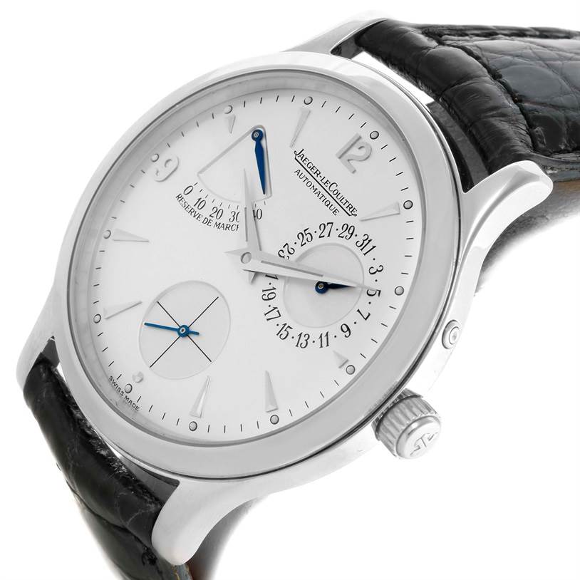 This image shows the front and right side of a Jaeger LeCoultre Master 140.8.93.S Men's Stainless Steel Silver Dial 140.8.93.S Men's Stainless Steel Silver Dial watch, highlighting the dial, crown, and leather strap.