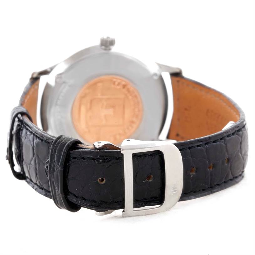 The image shows the back view of a Jaeger LeCoultre Master 140.8.93.S Men's Stainless Steel Silver Dial 140.8.93.S Men's Stainless Steel Silver Dial watch, highlighting its clasp and leather strap.