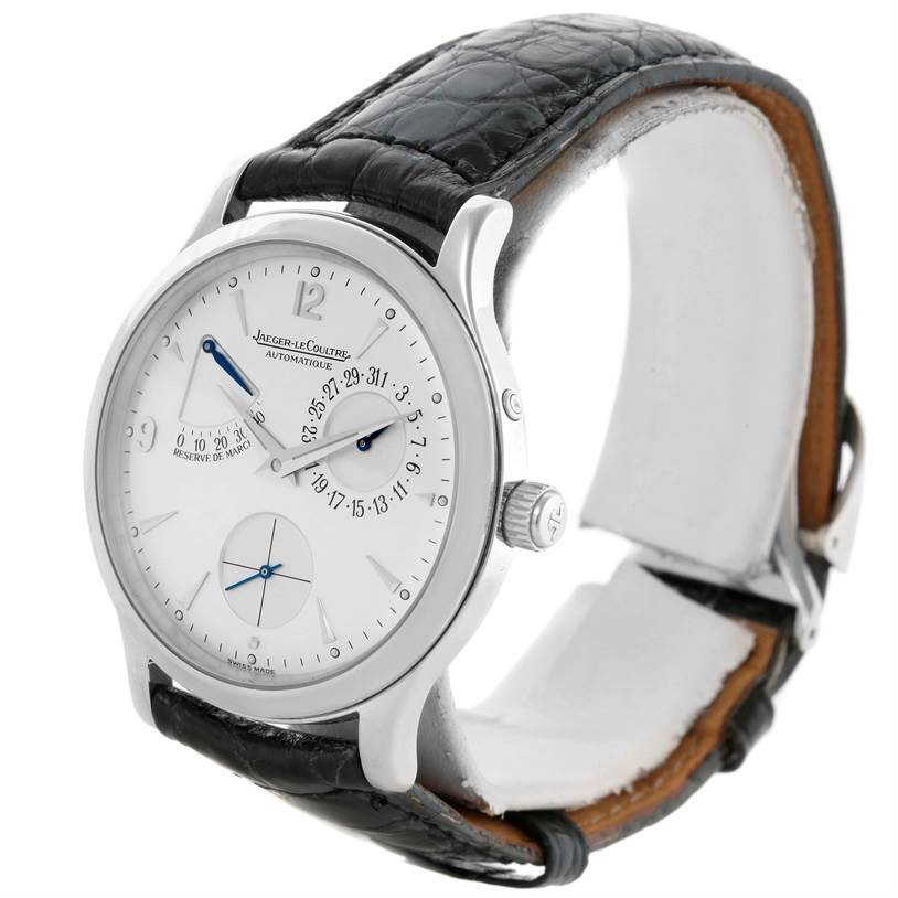The image shows a Jaeger-LeCoultre Master model watch from an angled perspective, highlighting the dial, case, and leather strap.
