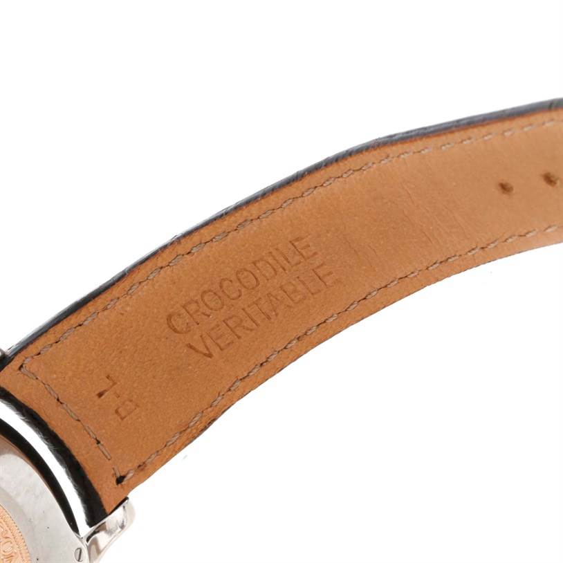The image shows the underside of the strap of a Jaeger LeCoultre Master 140.8.93.S Men's Stainless Steel Silver Dial 140.8.93.S Men's Stainless Steel Silver Dial model watch, featuring "Crocodile Veritable" engraving.