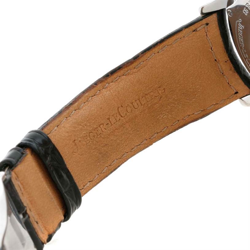 This image displays the leather strap and part of the case back of the Jaeger-LeCoultre Master model watch from an angled side view.
