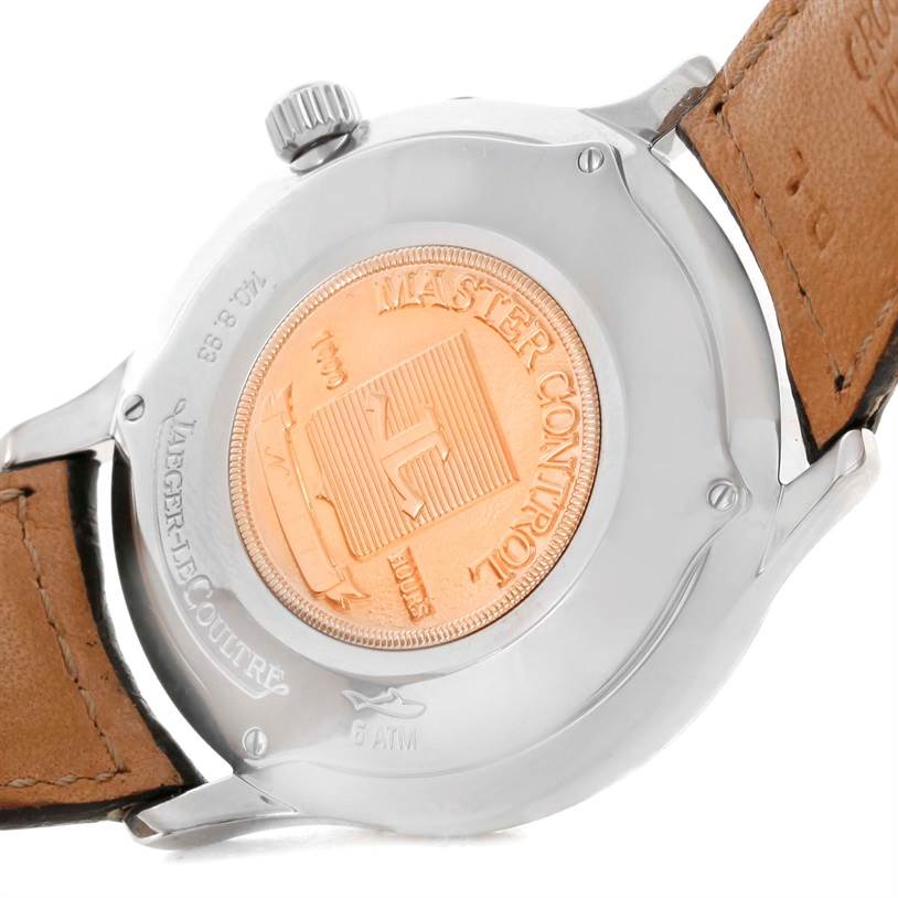 The image shows the back of a Jaeger LeCoultre Master 140.8.93.S Men's Stainless Steel Silver Dial 140.8.93.S Men's Stainless Steel Silver Dial model watch with visible branding and craftsmanship details.