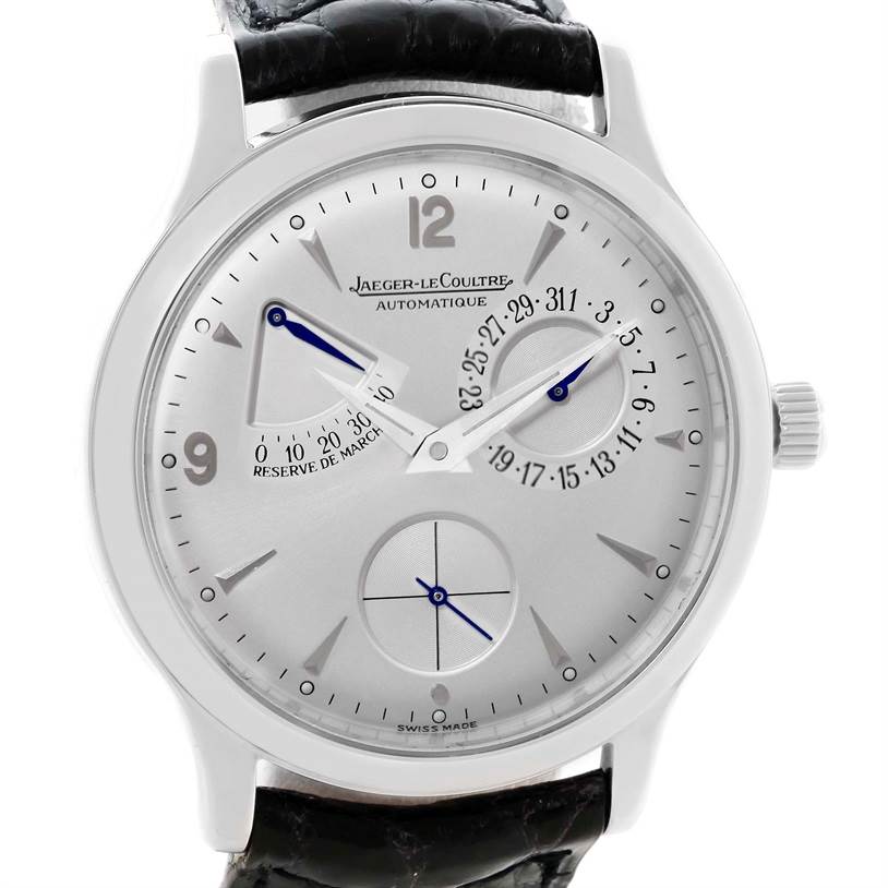 The image shows a front view of the Jaeger-LeCoultre Master model watch, including its face, hour markers, hands, and crown.