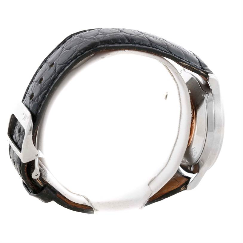 This Jaeger LeCoultre Master 140.8.93.S Men's Stainless Steel Silver Dial 140.8.93.S Men's Stainless Steel Silver Dial model watch is shown from a side angle, highlighting its strap and buckle.