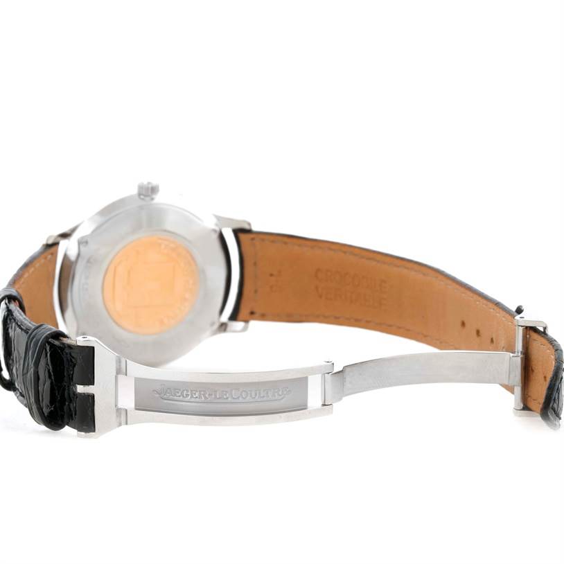 The image shows the back view and buckle of the Jaeger LeCoultre Master 140.8.93.S Men's Stainless Steel Silver Dial 140.8.93.S Men's Stainless Steel Silver Dial watch with a leather strap.