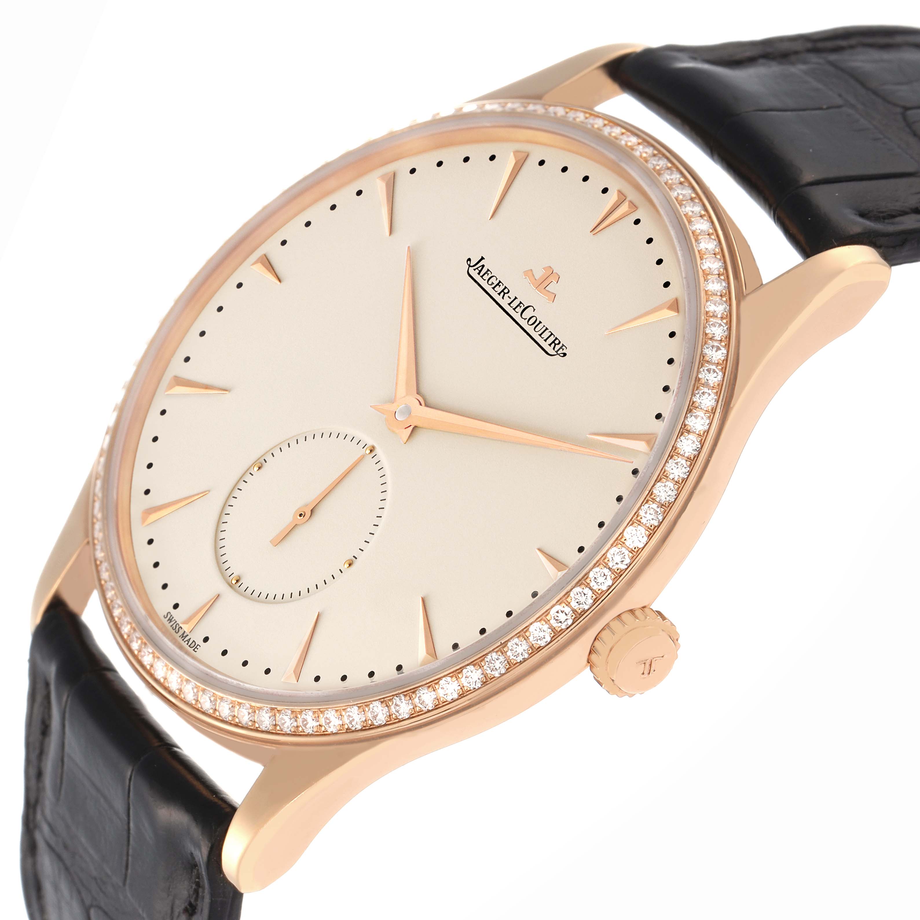 The Jaeger LeCoultre Master Q1352502 Men's Rose Gold Beige Dial Q1352502 Men's Rose Gold Beige Dial watch is shown at a side angle, highlighting the dial, bezel with diamonds, and leather strap.