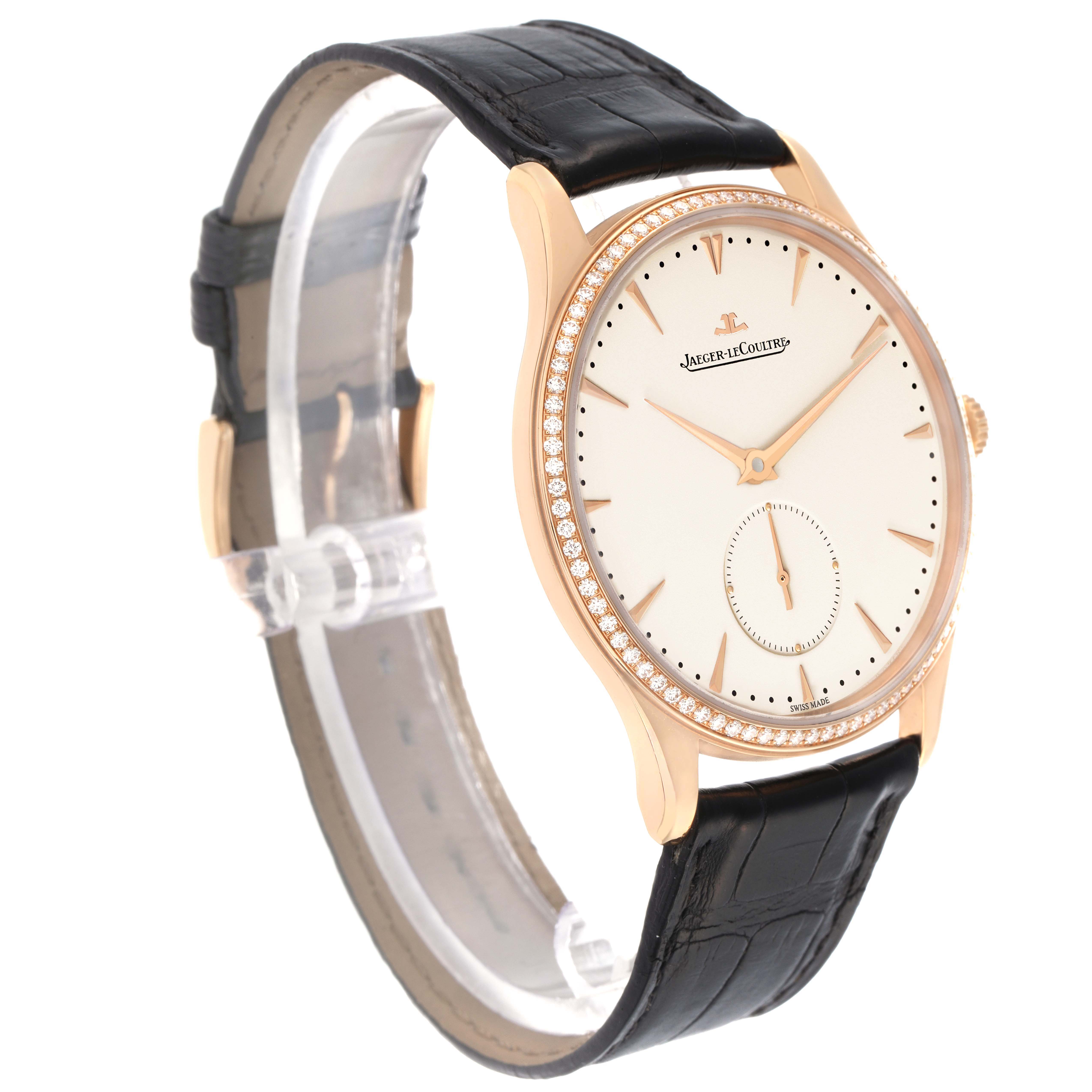 The Jaeger LeCoultre Master Q1352502 Men's Rose Gold Beige Dial model is shown at a three-quarter angle, displaying its dial, bezel, crown, and leather strap.