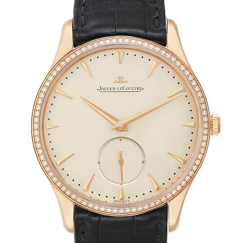 The Jaeger LeCoultre Master watch is shown from the front, highlighting the dial, case, and leather strap.