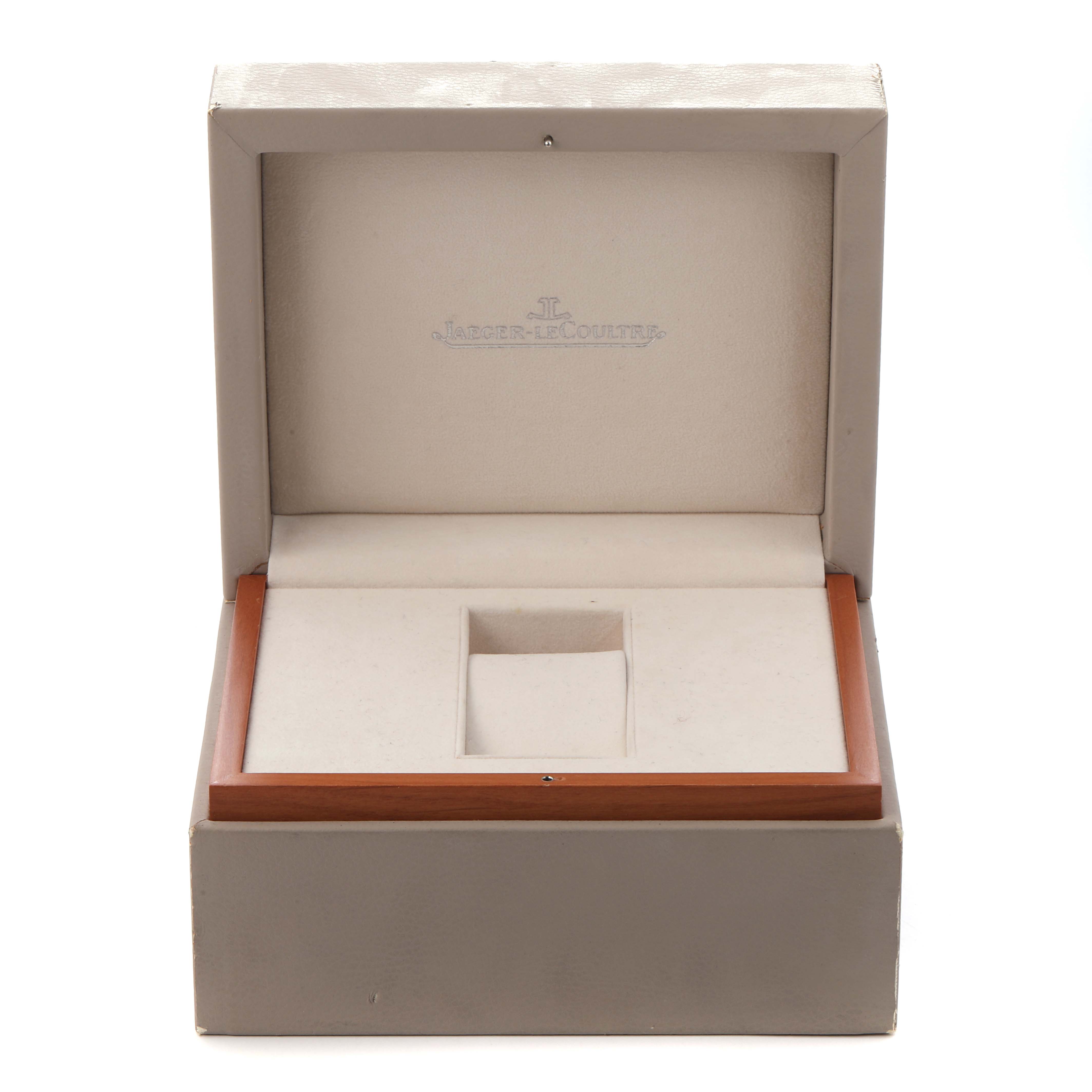 The image shows an open Jaeger LeCoultre watch box for the Master model, viewed from the front, displaying its interior slots.