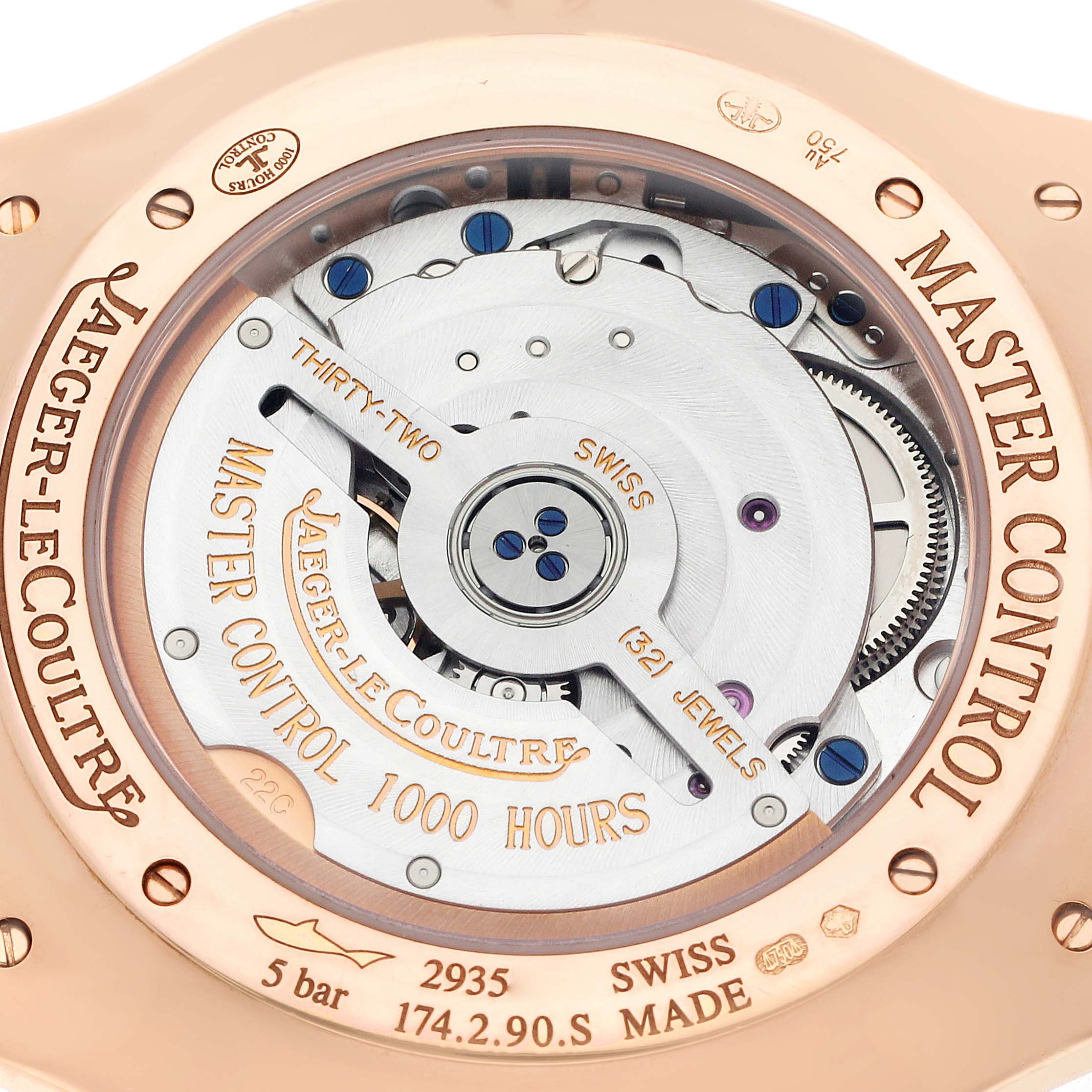 The image shows the back of a Jaeger-LeCoultre Master Control watch, highlighting its movement and engraved details.