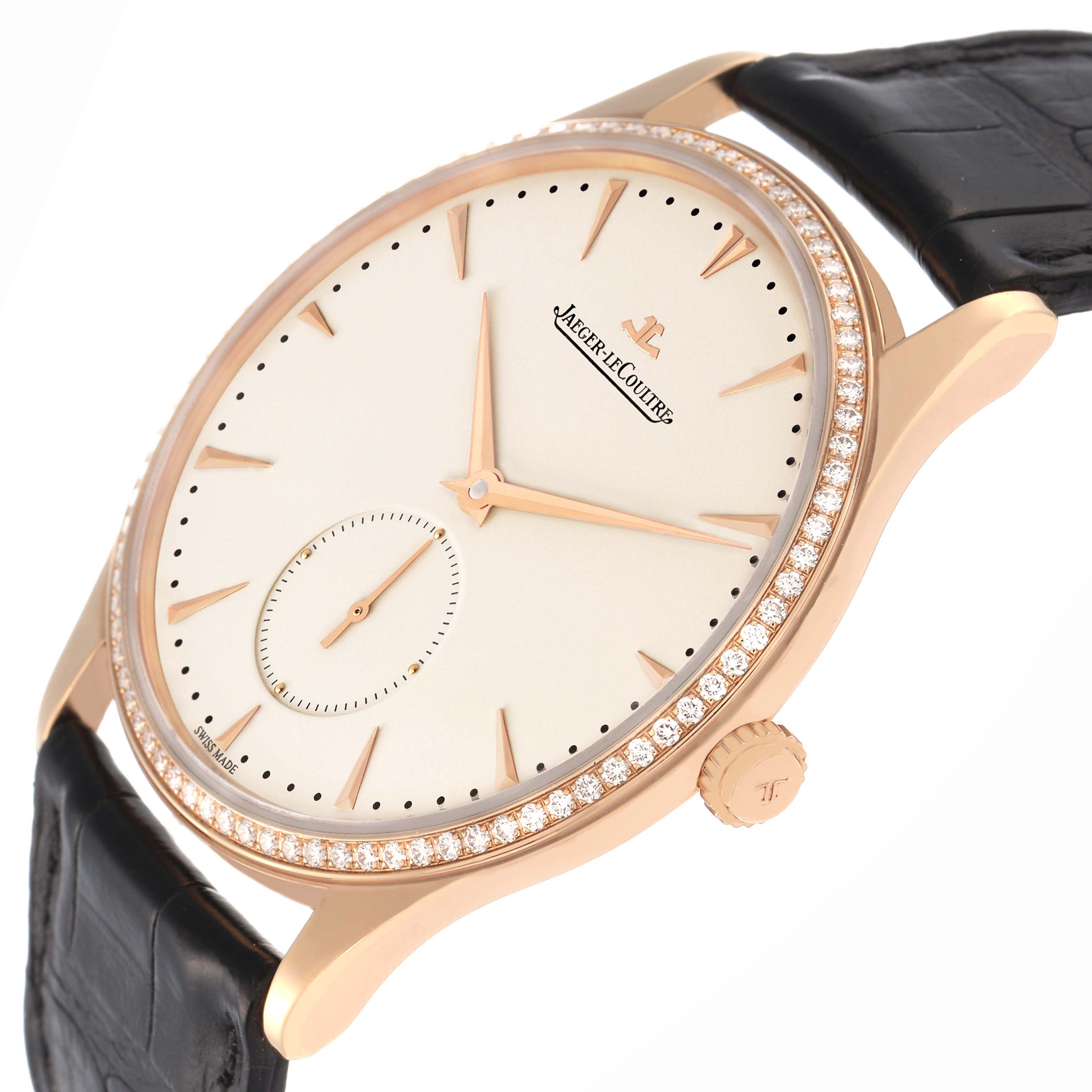 The Jaeger LeCoultre Master Q1352502 Men's Rose Gold Beige Dial watch is shown at a side angle, revealing the diamond-studded bezel, crown, dial, and part of the leather strap.