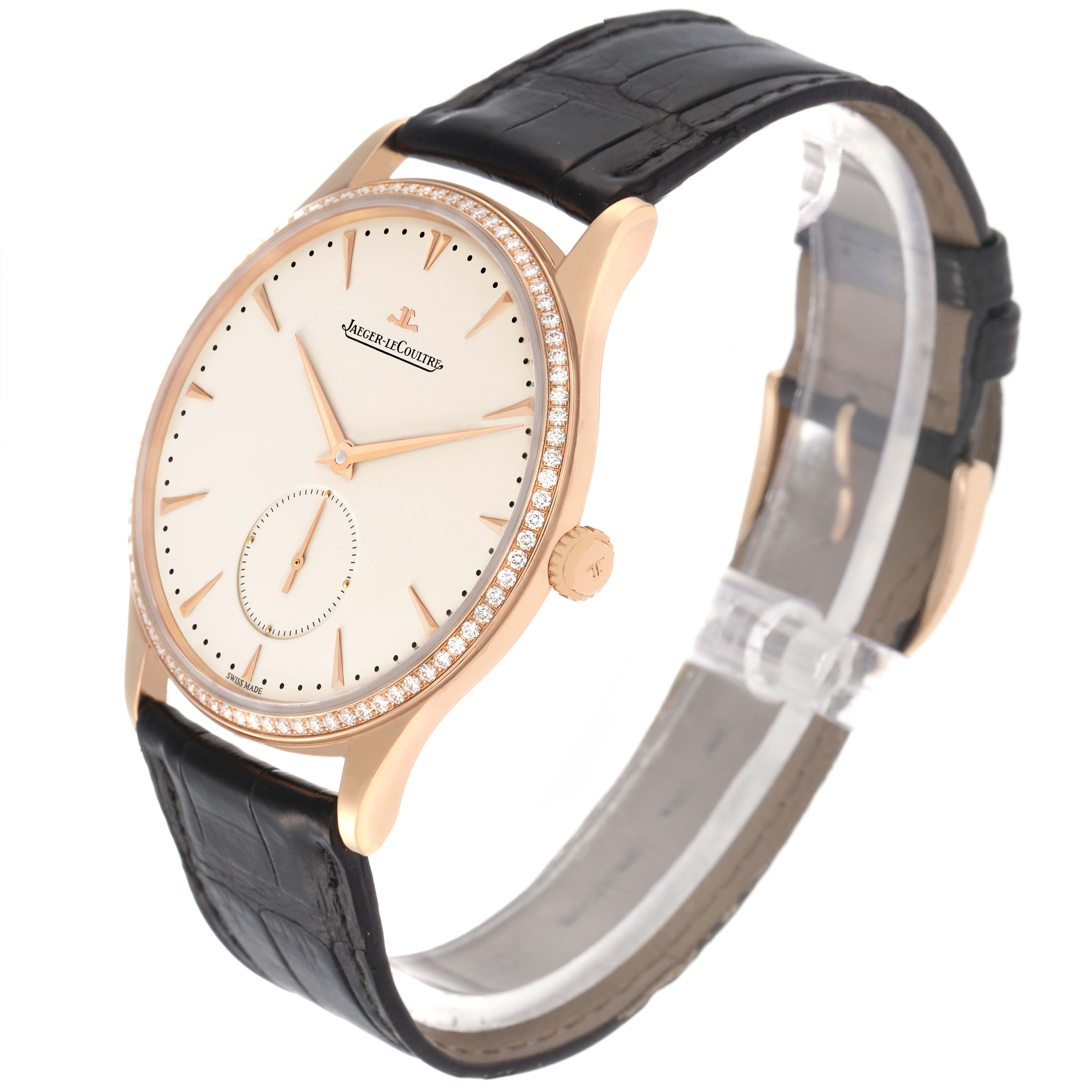 The Jaeger LeCoultre Master Q1352502 Men's Rose Gold Beige Dial watch is shown at a slight angle, featuring the dial, bezel, crown, and leather strap.