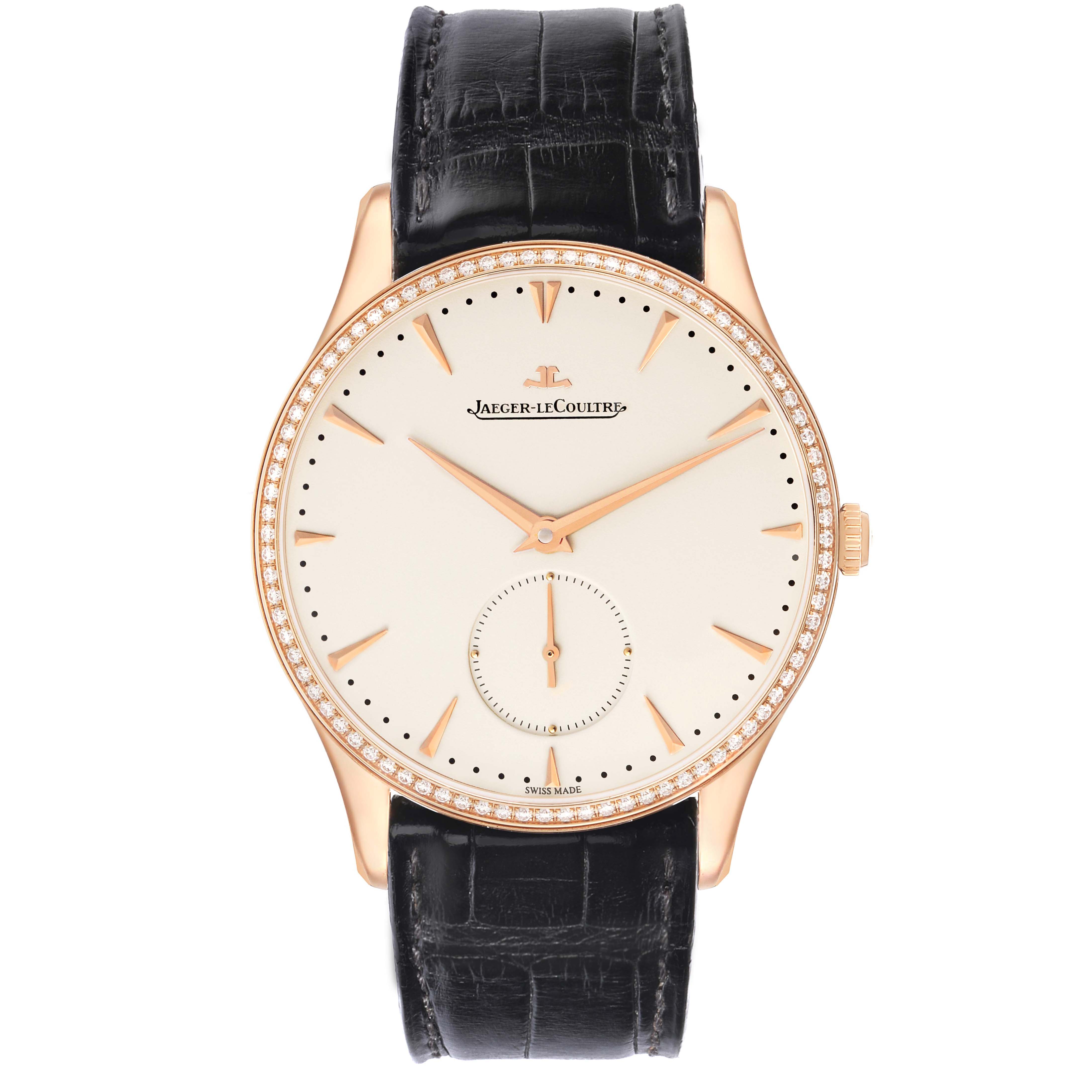 The Jaeger LeCoultre Master Q1352502 Men's Rose Gold Beige Dial model watch is shown from the front, featuring a black leather strap, gold casing, diamond bezel, and minimalist dial.