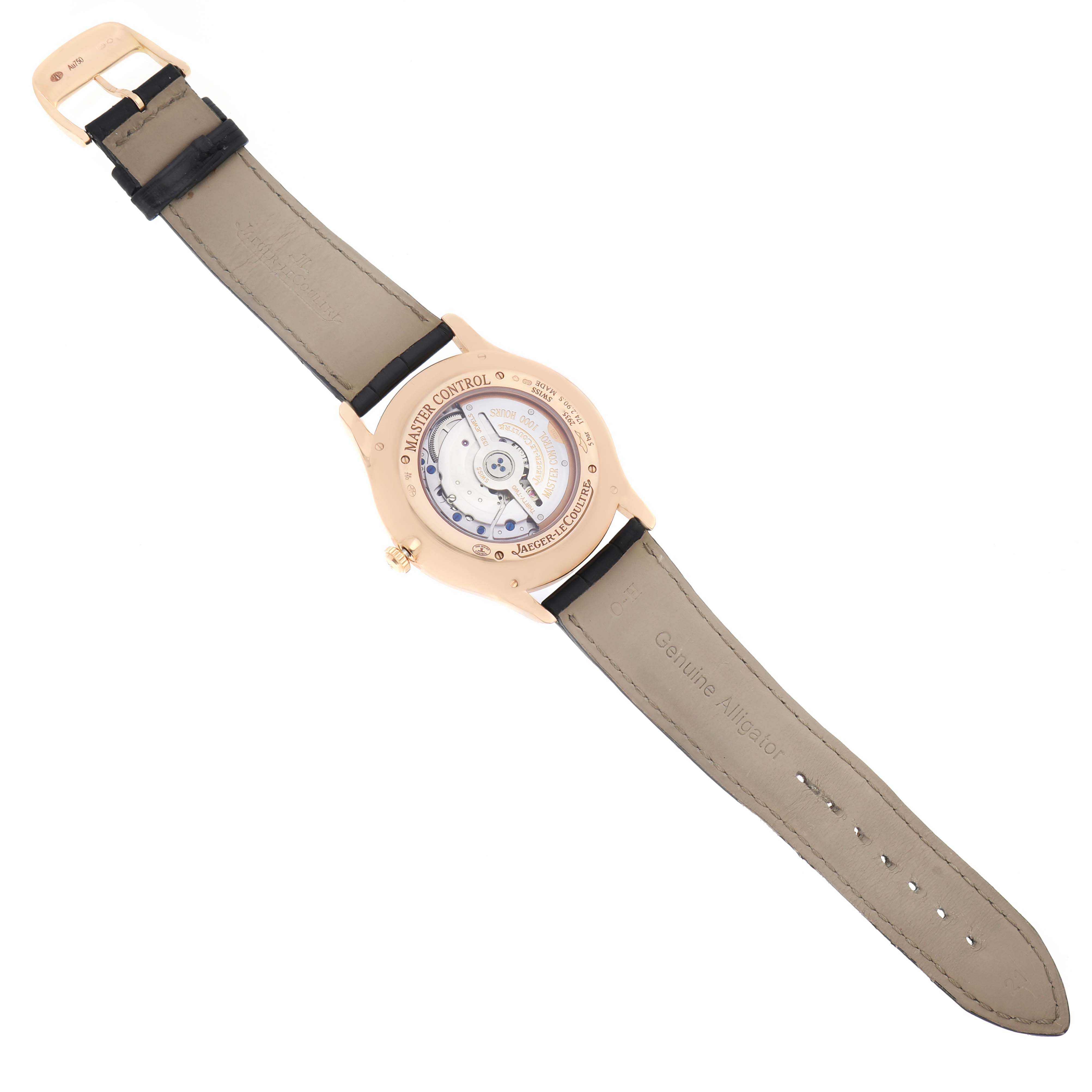 The image shows the back of a Jaeger LeCoultre Master Q1352502 Men's Rose Gold Beige Dial Q1352502 Men's Rose Gold Beige Dial watch with exposed movement and a leather strap.
