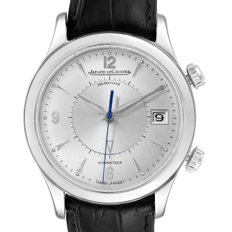 Jaeger Lecoultre Master Memovox Silver Dial Mens Watch 174.8.96 Q1418430 Box Papers SwissWatchExpo