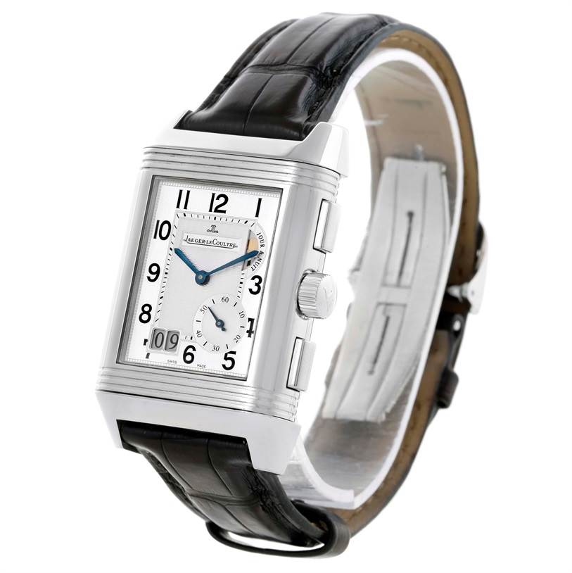 The Jaeger LeCoultre Reverso Q3028420 Men's Stainless Steel Silver Dial Q3028420 Men's Stainless Steel Silver Dial watch is shown at a slight angle, displaying its rectangular face, side buttons, crown, and leather strap.