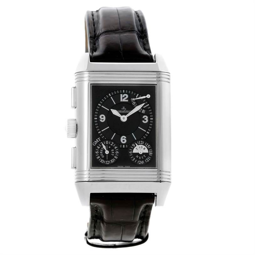 The image shows a front view of the Jaeger LeCoultre Reverso Q3028420 Men's Stainless Steel Silver Dial Q3028420 Men's Stainless Steel Silver Dial watch, displaying its face, case, and leather strap.