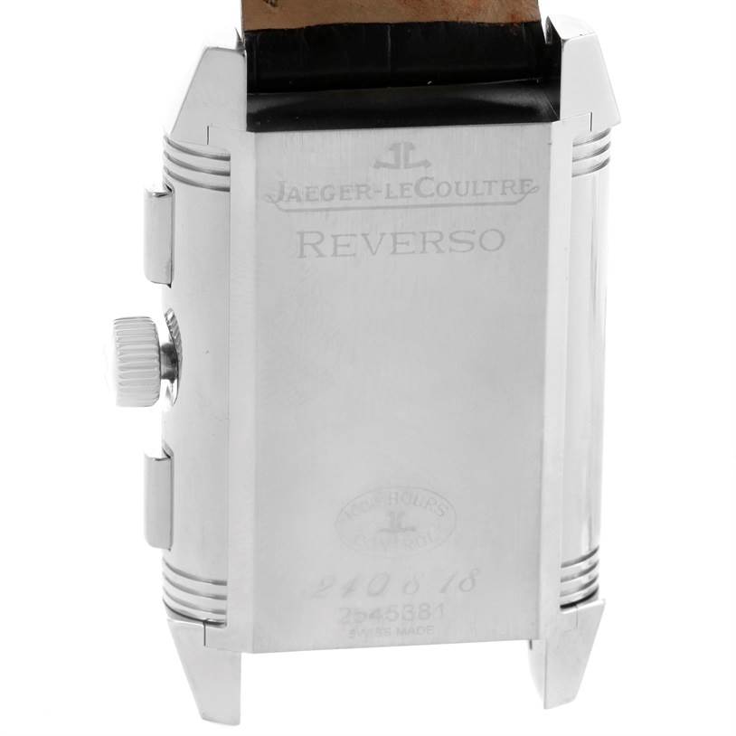 Side view of the Jaeger-LeCoultre Reverso watch, showing the crown, case back engraving, and part of the strap.